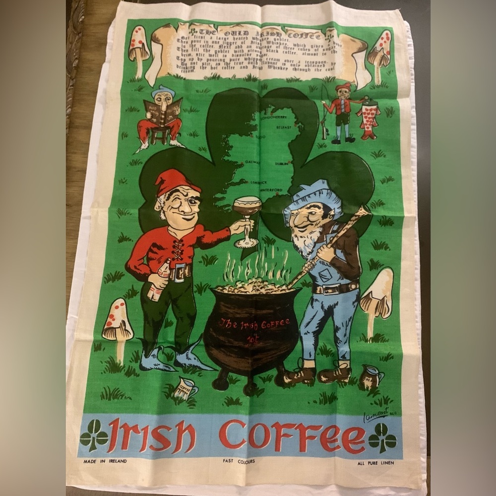 Vintage Linen Irish Coffee Recipe Tea Towel St. Patrick's Day Clover Mushrooms